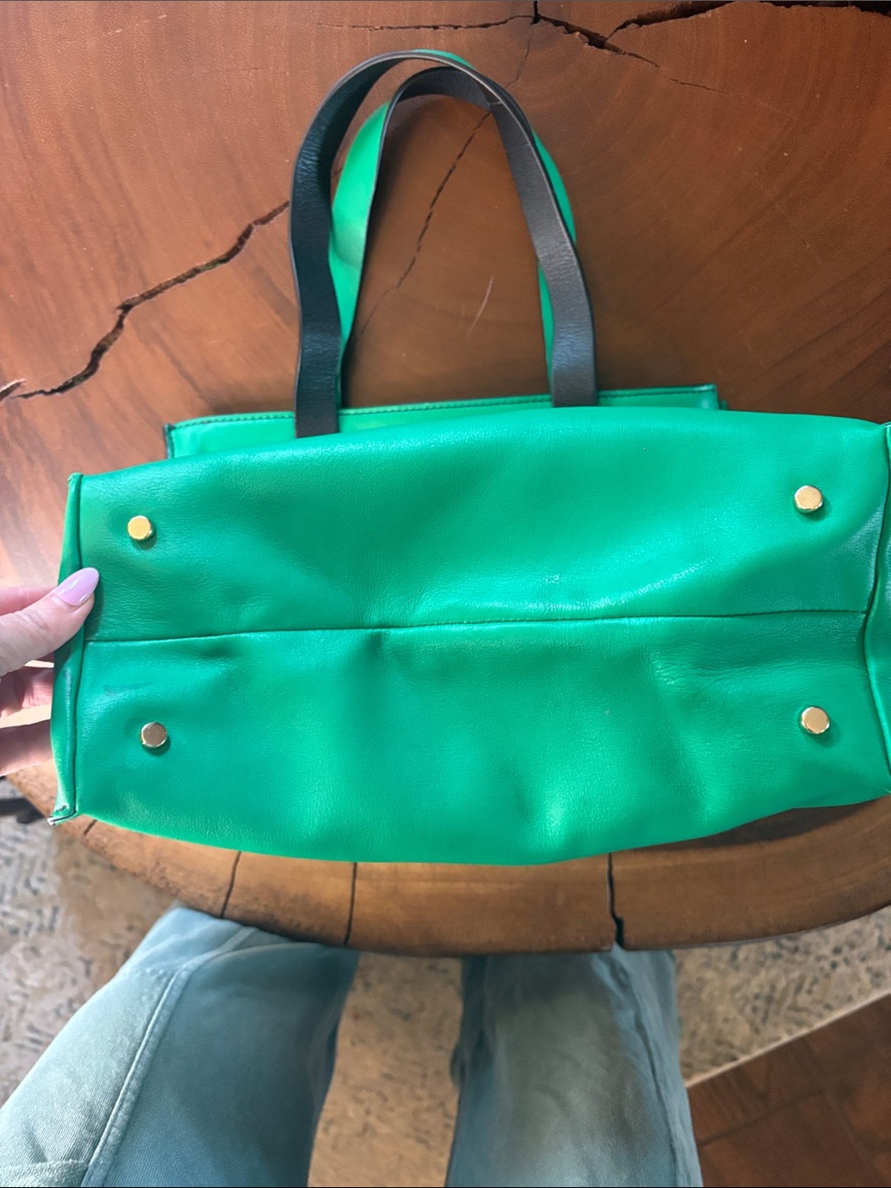 Kate Spade Green Leather Tote Bag Black Straps Structured Handbag - Picture 7 of 7